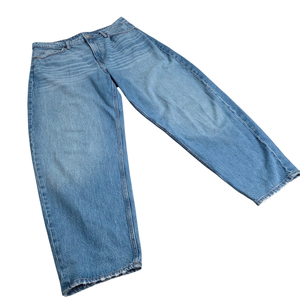 &Denim Distressed Barrel Jeans Sz 12 High Rise Loose Fit Ankle Denim Medium Wash